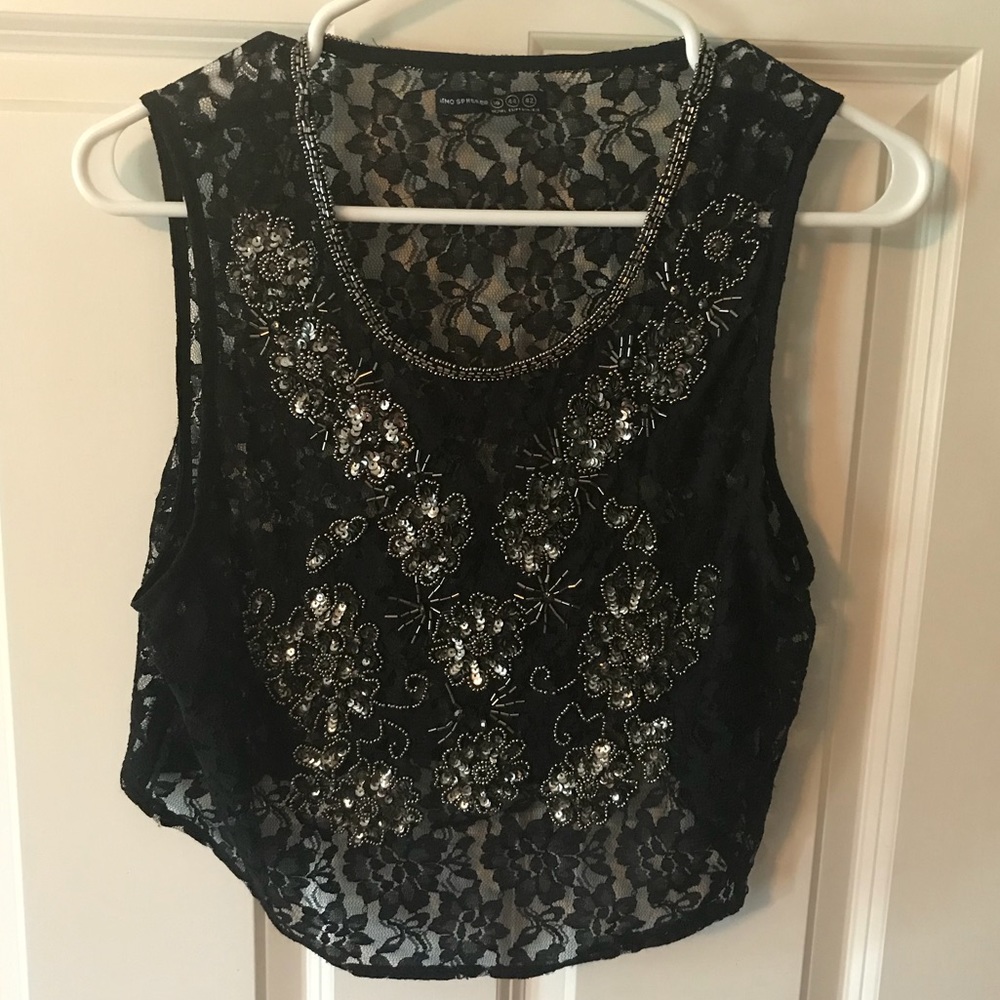 Atmosphere Black Lace Top with Silver Beading